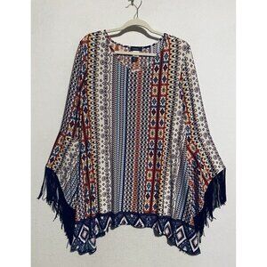 Cocomo Top Womens XL Boho Aztec Tribal Fringe Bell Sleeve Asymmetrical Hem